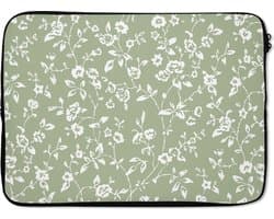 Laptophoes 13 inch - Bloemen - Print - Groen - Wit - Laptop sleeve - Binnenmaat 32x22,5 cm - Zwarte achterkant