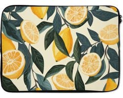 Laptophoes 14 inch - Citroenen - Vruchten - Bladeren - Geel - Groen - Beige - Laptop sleeve - Binnenmaat 33x23 cm - Zwarte achterkant