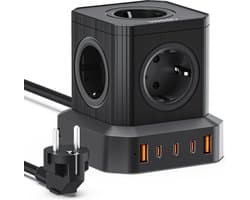 Voomy Cube 100W Stekkerdoos - 3 USB-C & 2 USB-A Poorten - 5 Stopcontacten - Aan / Uit schakelaar - Snellader voor Laptop, Telefoon & Tablet - Powercube - Oplader, Adapter, Verlengsnoer - Zwart