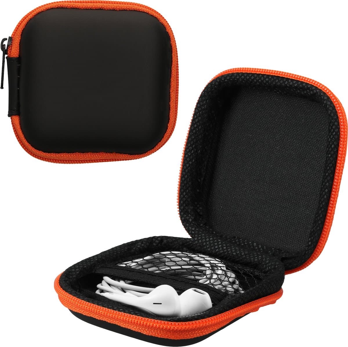 kwmobile Square Carrying Case for Earphones - Portable Storage Bag Pouch for Headphones Earbuds Small Objects with Zipper - Orange / Black — afbeelding 1
