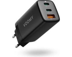 Voomy USB C Adapter - 65W Snellader - 2 USB C & 1 USB A Poort - Oplader Universeel voor Laptop, telefoon, tablets en meer - USB C Lader - Zwart