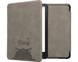 kwmobile e-reader hoesje geschikt voor Amazon Kindle Paperwhite (2024)/Colorsoft hoes - Ereader flip case met standaard - Kunstleren e reader cover - Kat Meow design in grijs / zwart