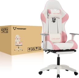 FOXSPORT Gamestoel - Gaming Chair - Ergonomisch - Verstelbaar - Met lendensteun en hoofdsteun - Met voetsteun - Bureaustoel - Racing -Wit/Roze — thumbnail 5