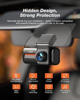 Dashcam voor auto - Zwart - 8,5 x 5,1 x 4,5 cm - 4K+1080P Dual Camera met WiFi 6 en Nachtzicht - Met 3 inch IPS Display — thumbnail 2