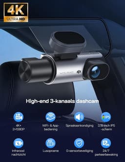 Dashcam voor auto - Zwart - 3-kanaals met 3 IPS-schermen - 4K en nachtzichtcamera - Voor voor-, achter- en binnenopname — thumbnail 2