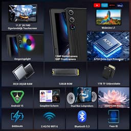 11.5 inch Tablet - 2K Schermo Ultra - Android 15 Tablets - 30GB RAM - 128GB ROM - 8400mAh - WiFi 6 - Zwart — thumbnail 4