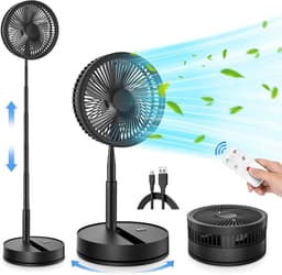 Opvouwbare vloerventilator - Draagbare oscillerende ventilator - Werkt op een oplaadbare batterij van 8000 mAh - Kleine ventilator - Met afstandsbediening - Stille tafelventilator - Geschikt voor kantoor, kamperen en reizen - Zwart — thumbnail 1