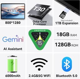 SnelShoppen - Tablet Android 15 10.1 Inch Black, Octa-Core T30, 18GB RAM, 128GB, IPS, 6000mAh, WiFi 2.4/5G, GPS, Face ID, Type-C, BT, 3.5mm Jack - Ide — thumbnail 2