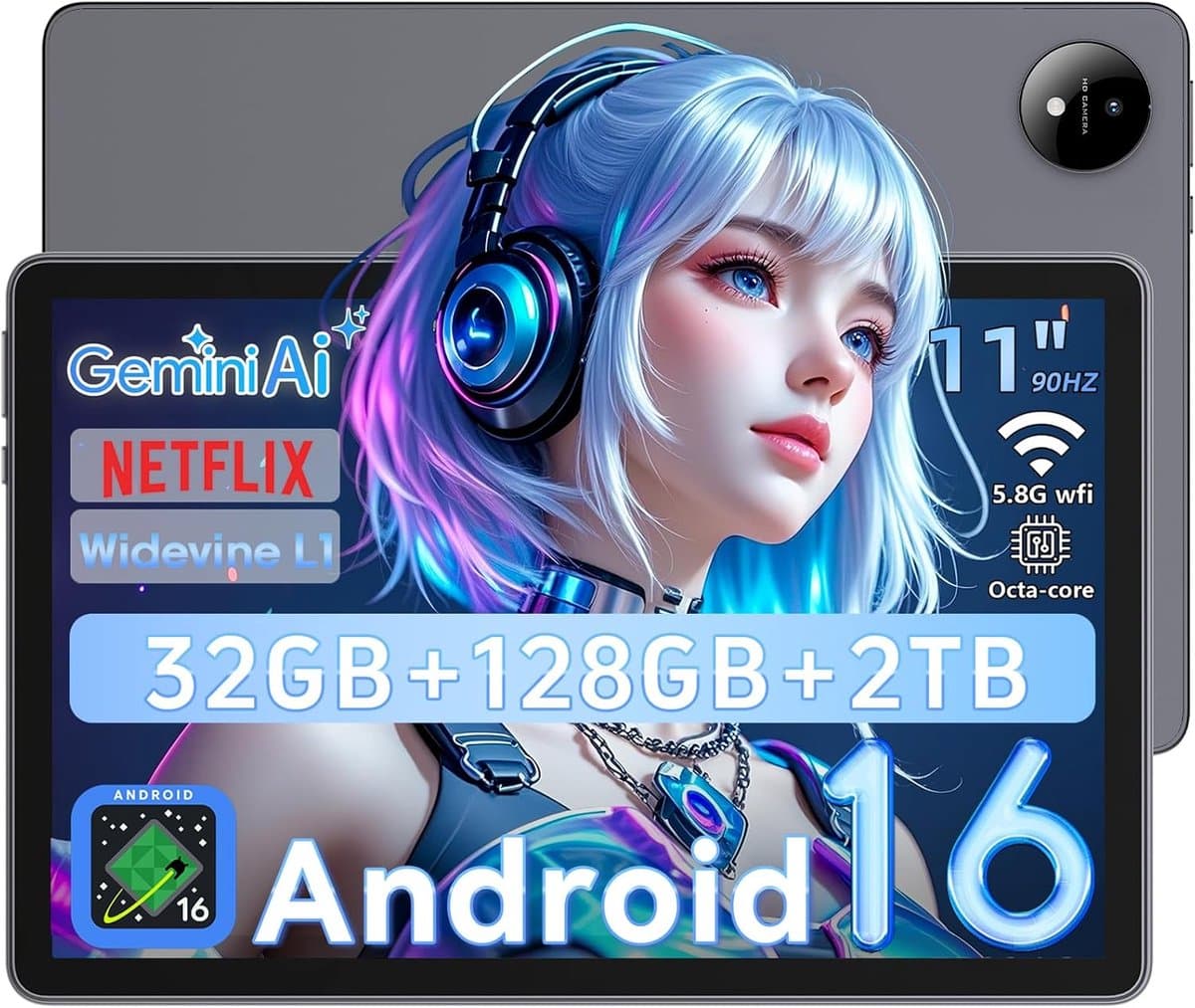 SnelShoppen - 11 Inch Tablet Android 16 met Gemini AI, T7250 Octa-Core, 32GB RAM, 128GB ROM, 16MP + 8MP Camera, 8000mAh, 1920x1200 IPS HD, Wi-Fi 5.8GH — afbeelding 1
