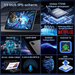 SnelShoppen - 11 Inch Tablet Android 16 met Gemini AI, T7250 Octa-Core, 32GB RAM, 128GB ROM, 16MP + 8MP Camera, 8000mAh, 1920x1200 IPS HD, Wi-Fi 5.8GH — thumbnail 2
