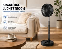 Opvouwbare Draadloze Ventilator met Afstandsbediening – Oplaadbare Staande & Tafelventilator – USB-C – Oscillerend – Verstelbare Hoogte – Stil – Zwart — thumbnail 5