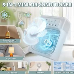 Mobiele airconditioner - mini-luchtkoeler, 5-in-1 airconditioning, klein, draagbaar, 7 leds, luchtbevochtiger met 3 snelheden, luchtkoeler, ventilator met waterkoeling, voor keuken, kantoor - wit [Energieklasse A] — thumbnail 2