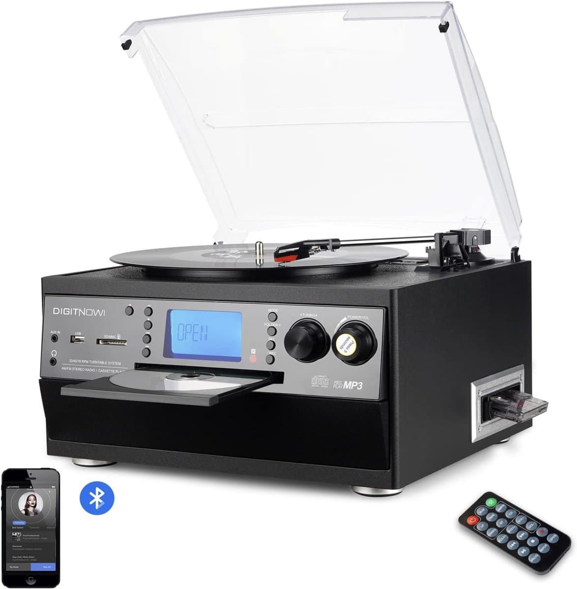 DIGITNOW Bluetooth Platenspeler met CD, Cassette, Radio & USB – Vinyl naar MP3 Converter - zonder speakers — afbeelding 1