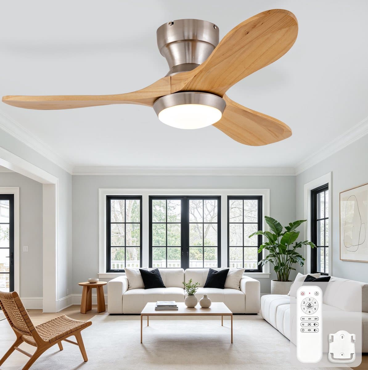 Plafondventilator Met Verlichting En Afstandsbediening - 90 Cm - 6 Snelheden - Hout - Natuurlijk - Voor Woonkamer En Slaapkamer - Omkeerbare Motor — afbeelding 1