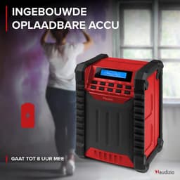 Bouwradio - Audizio Jobsite bouwradio met accu - Bluetooth, DAB+ en FM - IP54 waterdicht - Rood — thumbnail 2