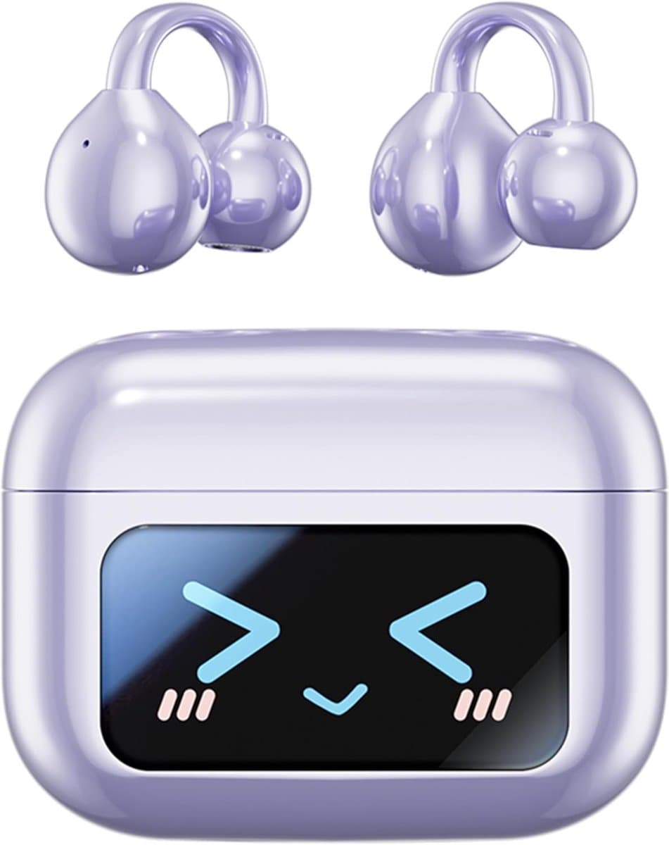 Open Ear Bluetooth Oordopjes - Bluetooth 5.4 - Draadloze Sport Oortjes met LED Touchscreen - Waterbestendig - Open Ear Clip Design - Geschikt voor Android, iOS, Tablet, Laptop en Smartphone - Paars — afbeelding 1