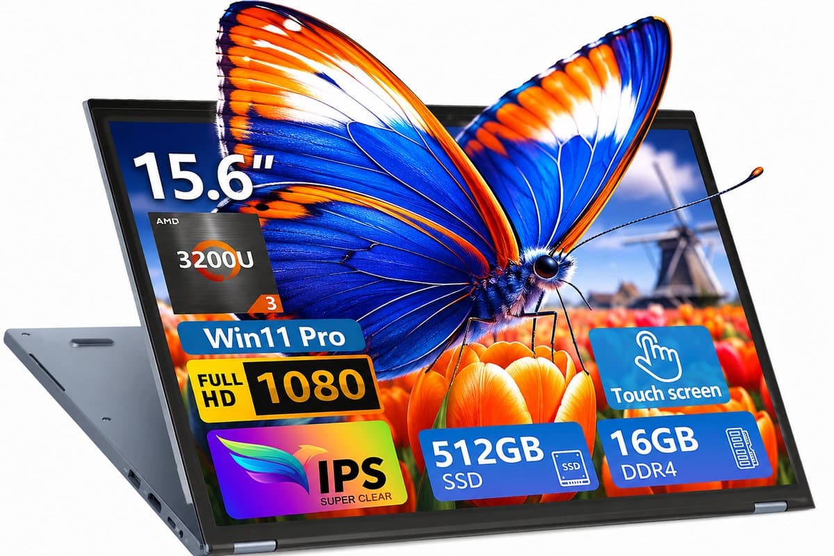 Ninkear 15.6 inch 2-in-1 Touchscreen Laptop - AMD Ryzen 3 3200U - 16GB RAM - 512GB SSD - FHD IPS - 360° Draaibaar - Windows 11 Pro - Dual-Band WiFi - Zilver — afbeelding 1