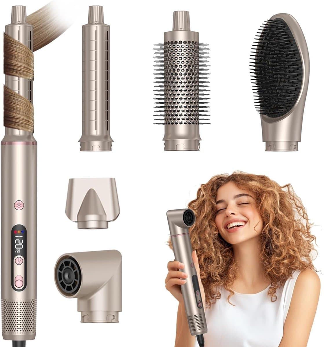 6-in-1 Haardrogerborstels met LCD-scherm, 110.000 t/min Heteluchtborstel met One-touch cool breeze, Automatische Luchtkrultang, Krulvolumeborstel, Auto-Wrap Airstyler, Haarstyler, Hairstyler — afbeelding 1