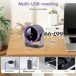 GELLDG Oplaadbare USB-bureauventilator met digitaal display – Stille werking – Voorzien van 5 ultrastille snelheidsstanden, 90° kantelverstelling en ophangfunctie – Geschikt voor slaapkamers, keukens, kamperen, kantoren en woonkamers — thumbnail 2
