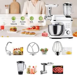 SnelShoppen - Avilia Planetaire Keukenmachine 6,5 L met Vleesmolenset en Roestvrijstalen Mixer, 1900 W, 360 Graden Roeren, 6 Snelheden voor Perfect De — thumbnail 2