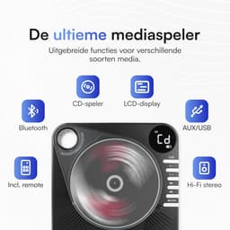 Retro CD Speler met Bluetooth - Draagbare CD Speler met HiFi Speakers - USB - AUX - Oplaadbaar - Vintage Muziekspeler Zwart — thumbnail 2