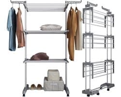Droogrek met wieltjes, multifunctioneel, 4 etages, wasrek, toren, inklapbaar, staande droger, wasrek, ruimtebesparende vleugels, voor binnen en buiten (licht grijs)
