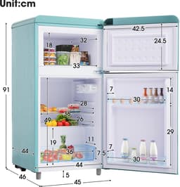 Retro koelkast - Dubbeldeurs koelkast - Koel-vriescombinatie - Vrijstaand - 72L - 39dB - LED licht - Keuken - 91 cm - Koelen - Cyaan — thumbnail 4