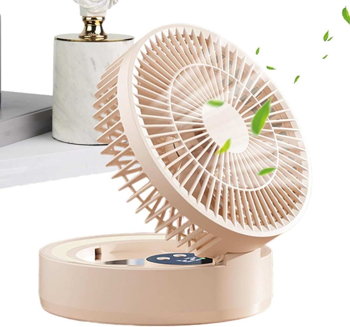 Kleine ventilatoren voor slaapkamer | 5 snelheden USB-oplaadbare ventilator | Ingebouwde LED-lamp en make-upspiegel opvouwbare timerfunctie nachtkastje ventilator - voor nachtkastje, slaapzaal, auto — afbeelding 1