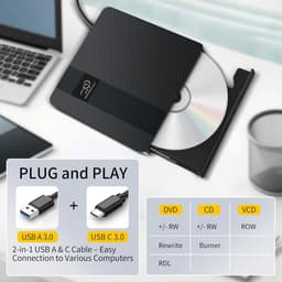 Externe CD/DVD Drive - Dvd Brander Lezer - Bestanden Backuppen - Plug & Play - Slim Draagbaar - Zwart — thumbnail 4