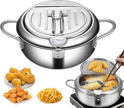 Oliefriteuse Roestvrij Staal - Friteuse Pan - Thuis Frituren - Met Ingebouwde Thermometer - 28 cm Diameter - Zilverkleurig — thumbnail 1
