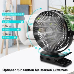 Oplaadbare ventilator met klem en 12000 mAh-batterij - 4 snelheden, USB-oplaadfunctie voor kantoor, thuis, kamperen in de buitenlucht Automatische oscillatie, timer, sfeerverlichting met 3 standen — thumbnail 2