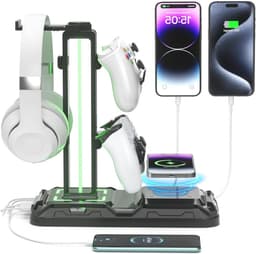 Hoofdtelefoonstandaard met Draaibare Controllerhouder, Draadloos Opladen, 9 Lichtstanden en 2 USB Poorten - Ideaal voor Gaming Accessoires en Bureau Organisatie — thumbnail 1
