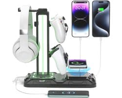 Hoofdtelefoonstandaard met Draaibare Controllerhouder, Draadloos Opladen, 9 Lichtstanden en 2 USB Poorten - Ideaal voor Gaming Accessoires en Bureau Organisatie