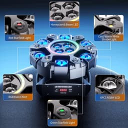 Velori Moving Head Stage Light 150W - RGBW DJ Verlichting met Honeycomb Beam Effect - DMX512 Podiumverlichting - 6 Armige Beam Moving Head - Strobe Disco Lamp — thumbnail 5