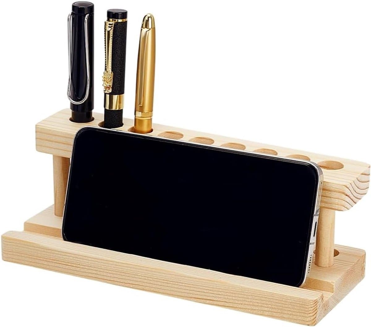 Houten penhouder met 9 vakken en telefoonhouder voor bureau, ideaal voor school en kantoor, 7.8 x 3.1 x 2.7 inch — afbeelding 1