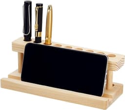 Houten penhouder met 9 vakken en telefoonhouder voor bureau, ideaal voor school en kantoor, 7.8 x 3.1 x 2.7 inch — thumbnail 1