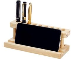Houten penhouder met 9 vakken en telefoonhouder voor bureau, ideaal voor school en kantoor, 7.8 x 3.1 x 2.7 inch