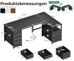 L-vormig Hoekbureau met Laden en Oplaadstation, 140 x 80 cm — thumbnail 5