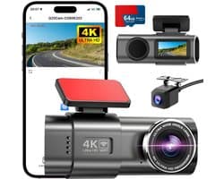 KAD® Dual Dashcam voor Auto - 4k Dashcam - Draadloos met Wi-Fi & App - Zwart - ‎ 4cm x 10cm x 5cm