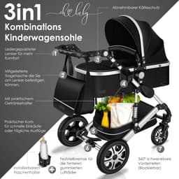 KESSER® Kinderwagen 3 in 1 Loops Wandelwagen Set incl. Autostoel & Reiswieg & Buggy Sportzitje - Massieve Rubberbanden - Luiertas / Regenhoes - Zwart / Zilver — thumbnail 3