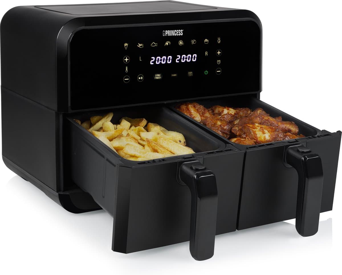 Princess Double Basket Airfryer 182068 - Dubbele Airfryer - 8 liter - 2 manden - XXL - 8 programma’s - 2400W - Dubbele heteluchtfriteuse - Touchscreen - Zwart - 80 °C tot 220°C - Sync functie — afbeelding 1