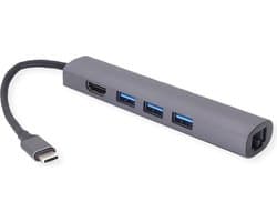 VALUE USB type C dockingstation, HDMI 4K, 3x USB type A, Gigabit Ethernet, grijs