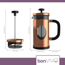 BonVIVO GAZETARO Franse pers koffiemaker - roestvrijstalen cafetière - met glazen kan - koffie zuiger - met filter - handmatige koffiezetter - koperen afwerking - groot - 1L/8 kopjes — thumbnail 3