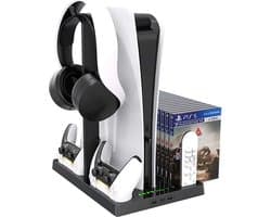 Oplaadstation voor koelventilator - Dubbele controller Oplader - Verticale standaard met koel ventilator - Geschikt voor: PlayStation 5 standaard - Gaming accessoire - headset standaard - Opslag voor Games- PS5-accessoires