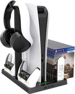 Oplaadstation voor koelventilator - Dubbele controller Oplader - Verticale standaard met koel ventilator - Geschikt voor: PlayStation 5 standaard - Gaming accessoire - headset standaard - Opslag voor Games- PS5-accessoires — thumbnail 1