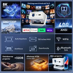 XGODY Premium Mini Beamer - Alles-in-één Smart TV Projector - 2026 model - Android 14.0 - WiFi 6 & Bluetooth 5.4 - 4k ondersteuning - Beamer - Inclusief Hdmi kabel - Home Cinema - Wit — thumbnail 2