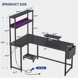 Hoekbureau gaming in L‑vorm met LED, stopcontact & USB 124x92x152 cm - Gaming Desk - Computer Tafel - Gaming Tafel - met zijtas & monitorstandaard - Zwart — thumbnail 2