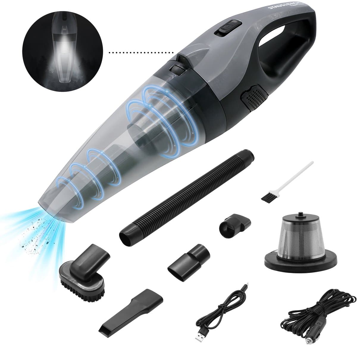 STAUS&BACH Kruimelzuiger met licht - Kruimeldief snoerloos - Handstofzuiger voor auto - SuperNova - Zwart/Grijs — afbeelding 1
