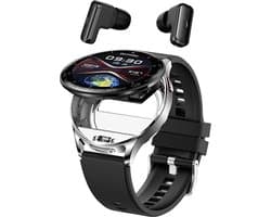 WizBay Premium Select® 1.39inch 2in1 Sport Smartwatch Dames Heren MP3 Player met EARBUDS - 300Ah Watch - 25mAh Earbuds - Bluetooth Bellen - AI Voice - O2 Bloeddrukmeter Multi Sport Modes - Android iOS - Zilver met Zwarte Siliconen Band