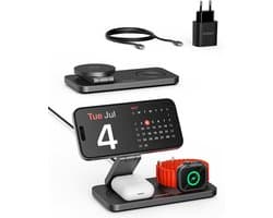 Voomy 3-in-1 Draadloze Oplader QI2.2 - 25W draadloos snelladen - Opvouwbaar Oplaadstation - Geschikt voor MagSafe, Apple Watch, Draadloze Oortjes - Wireless Charger - Inclusief 35W PD Adapter - Zwart